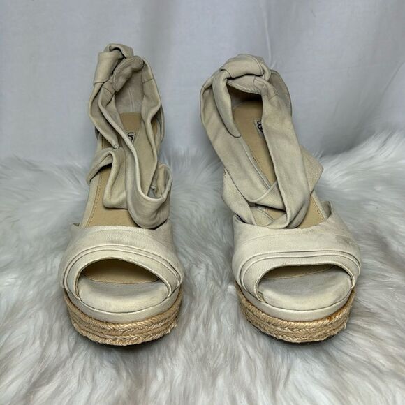 UGG Lucy Ankle Light Tan Twist Wrap Jute Wedge‎ Platform Sandals Sz 8.5 - Picture 2 of 9